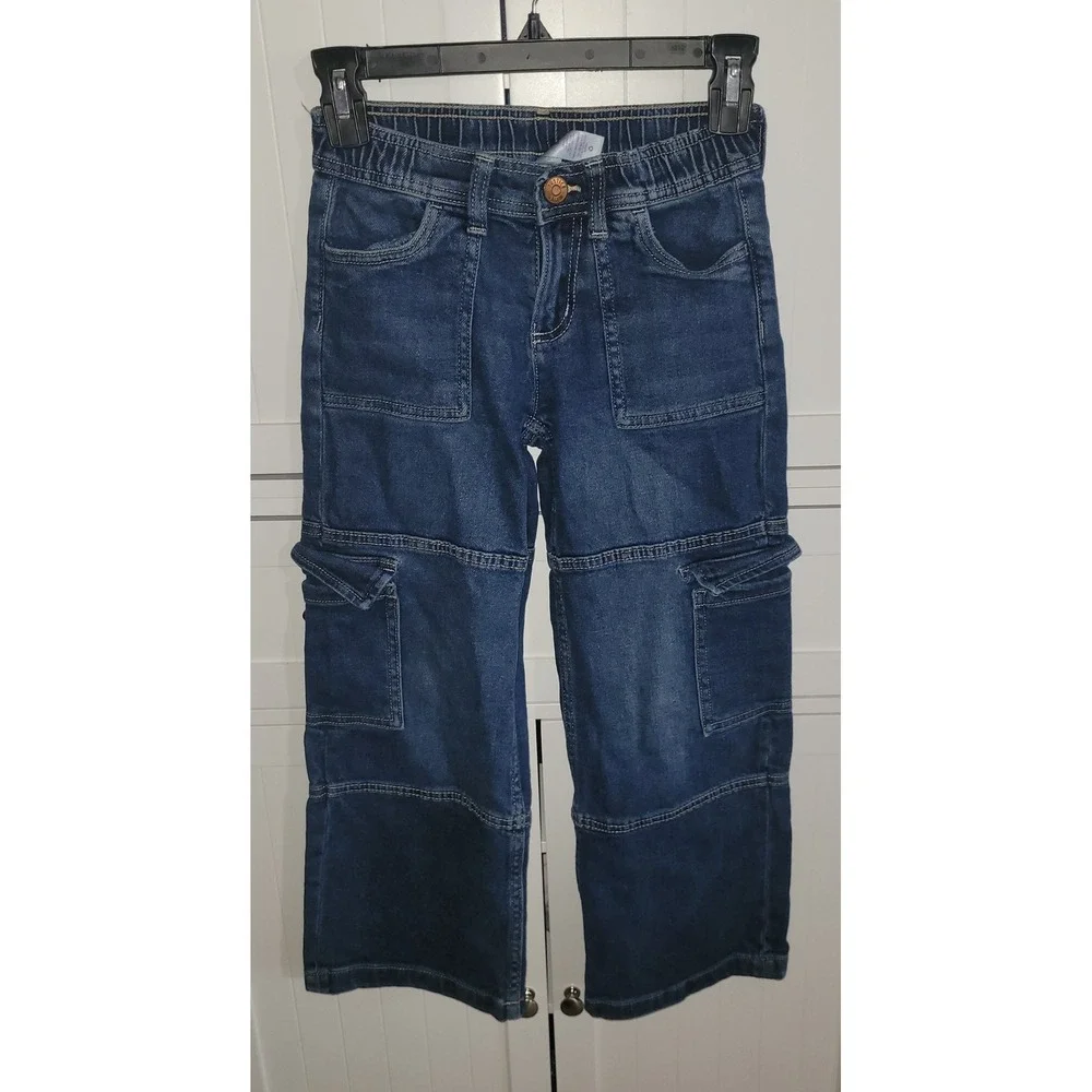 Justice Girls Dark Wash Cargo Jeans Size 8 Straight Leg Elastic Back Waist Y2K